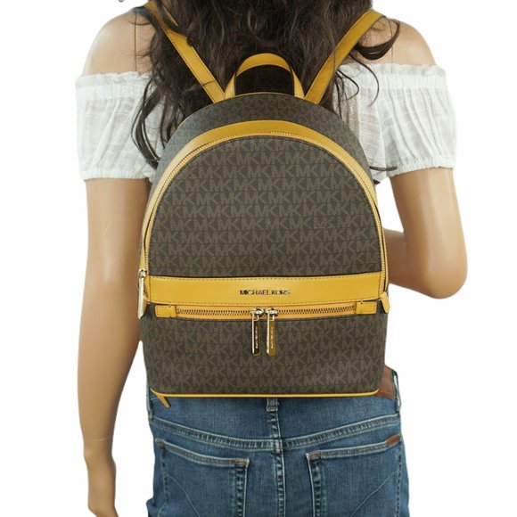 Michael Kors Kenly Medium Backpack MK Brown Yellow - Picture 1 of 10